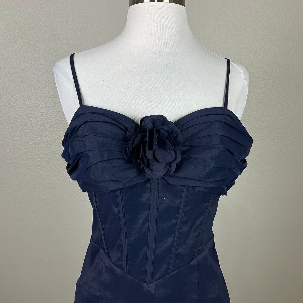 Blondie Nites Navy Blue Evening Gown Satin Lace Up Formal Mermaid Dress Size 7 - Picture 8 of 12